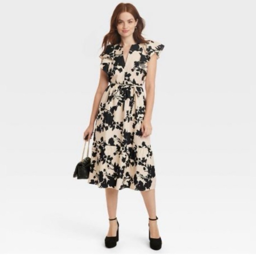a new day cream  and Black Floral Midi Dress with Ruffle Sleeves